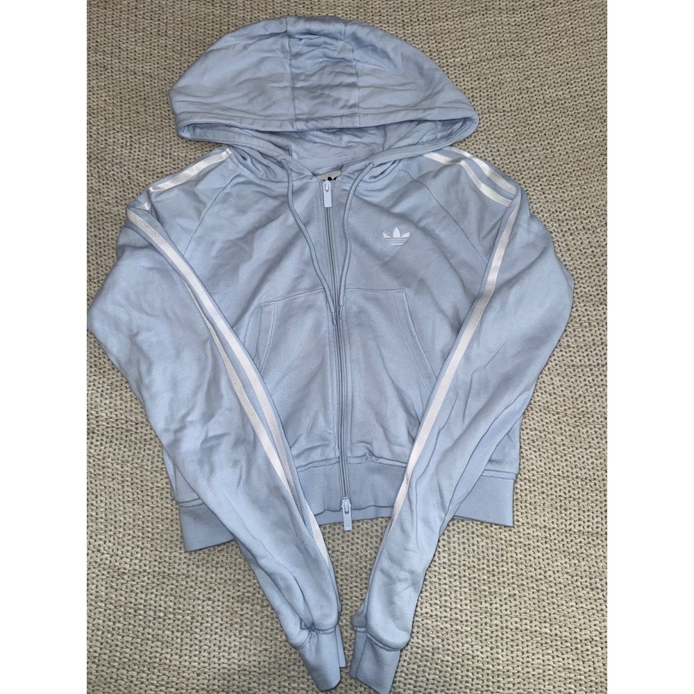 Adidas Originals Women Light Blue Sequin Logo Zip Up Hoodie Jacket Medium M